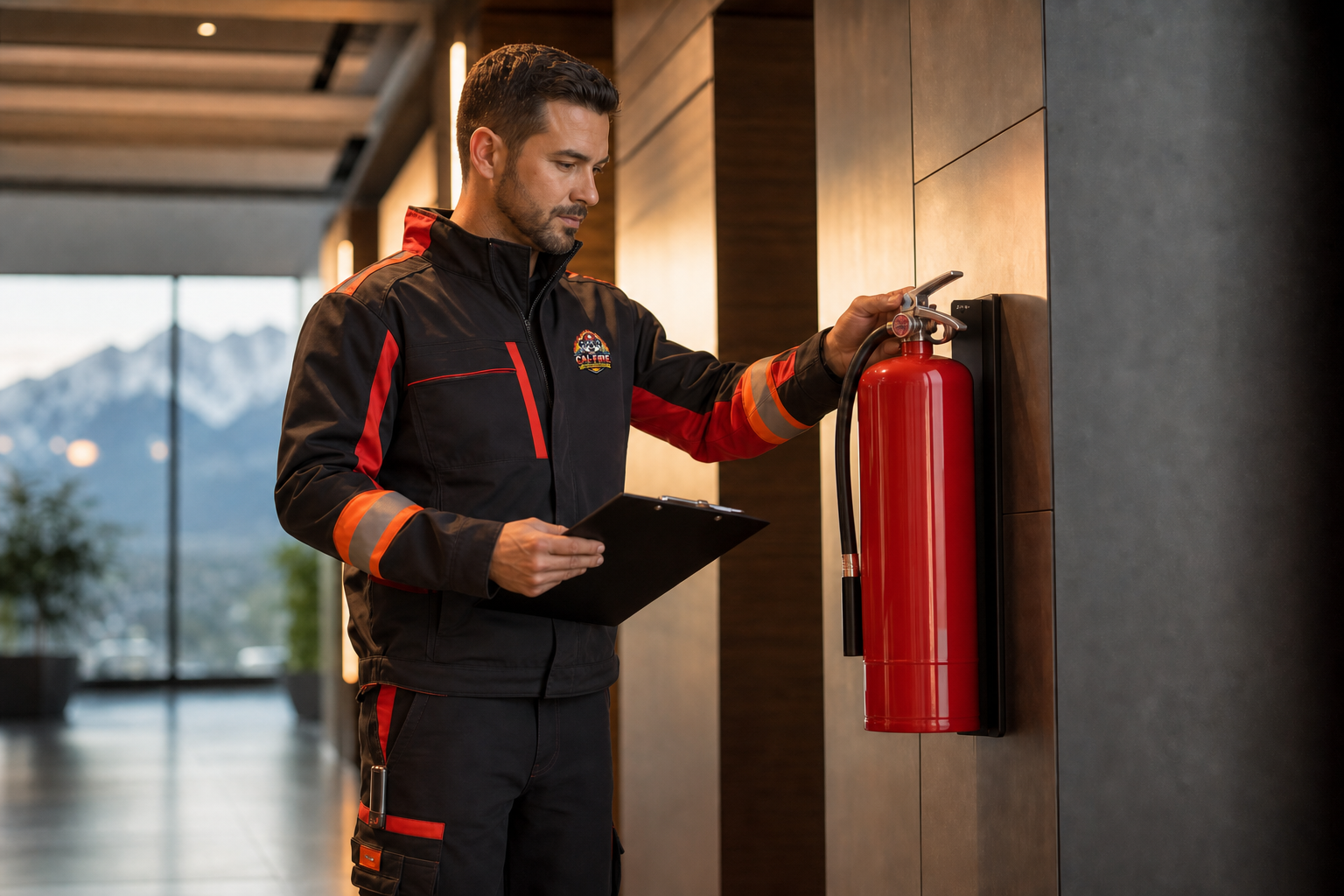 Cal-Fire certified technician inspecting a fire extinguisher in a Calgary commercial building