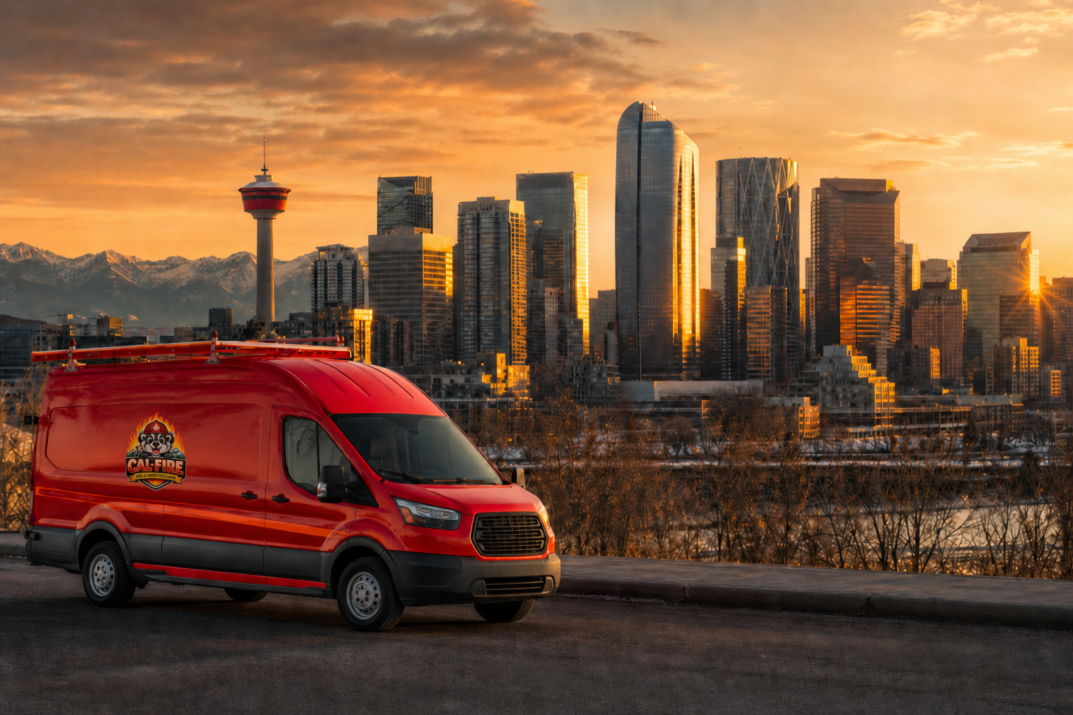 Cal-Fire service van parked downtown with the Calgary skyline and Rocky Mountains at golden hour